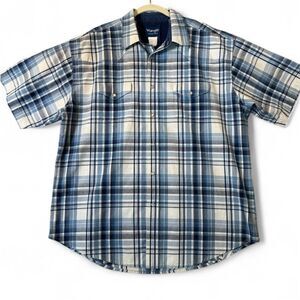 Wrangler Western Shirt Men’s 2XL Blue Plaid Pearl Snap Short Sleeve Cowboy Style